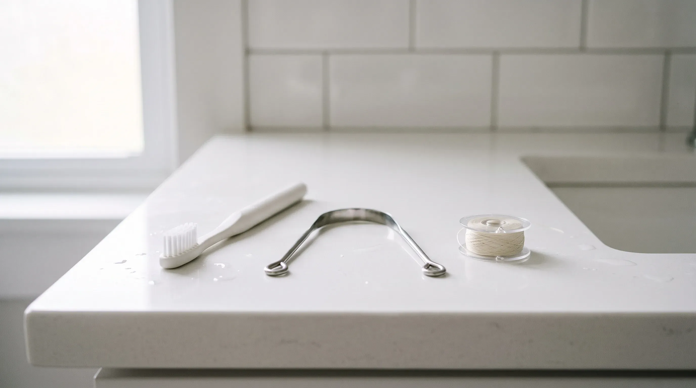 Cepillo de dientes, limpiador de lengua e hilo dental sobre el mueble limpio de un baño