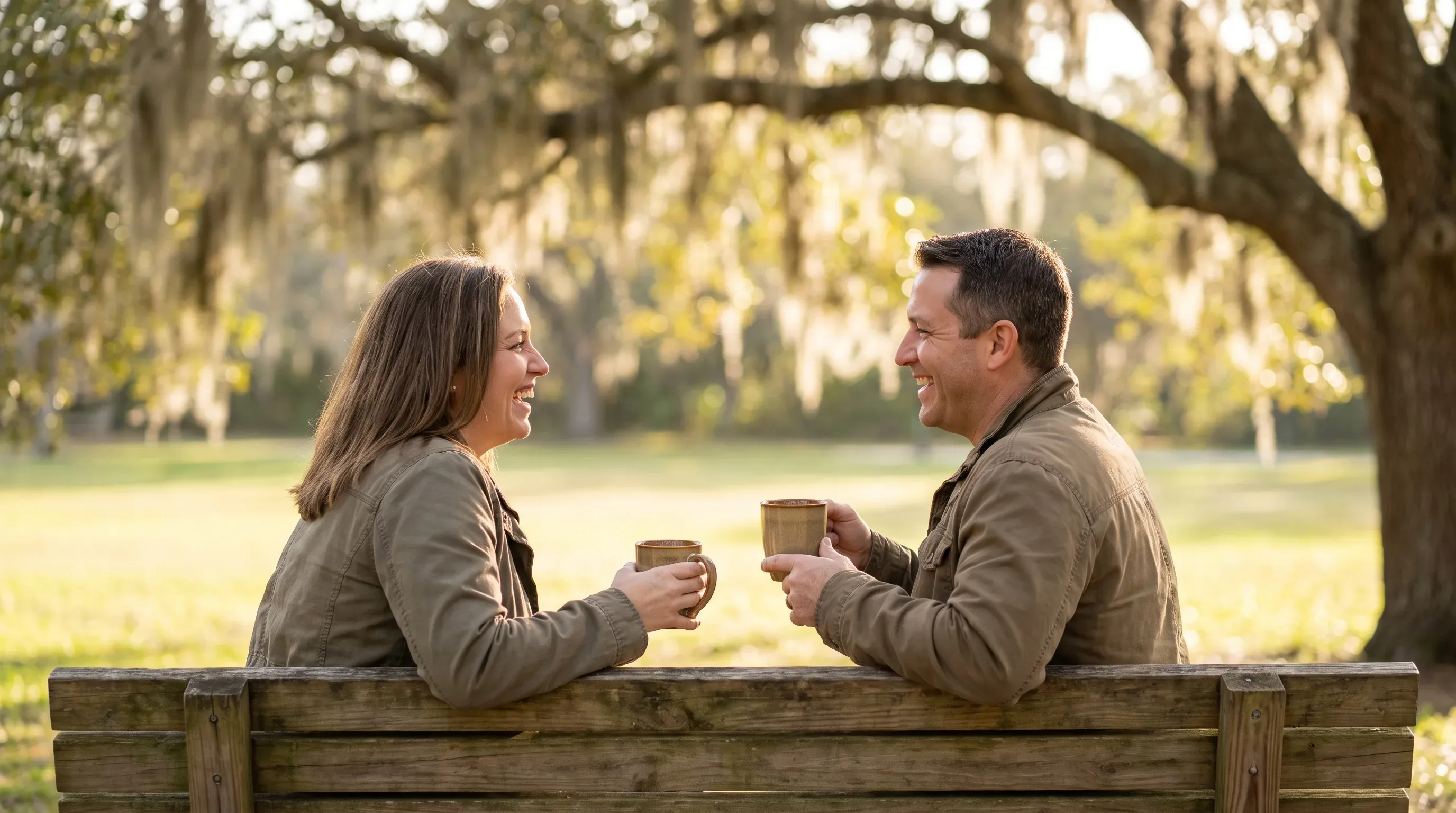Pareja compartiendo un café y riendo en un banco del parque en Florida Central.