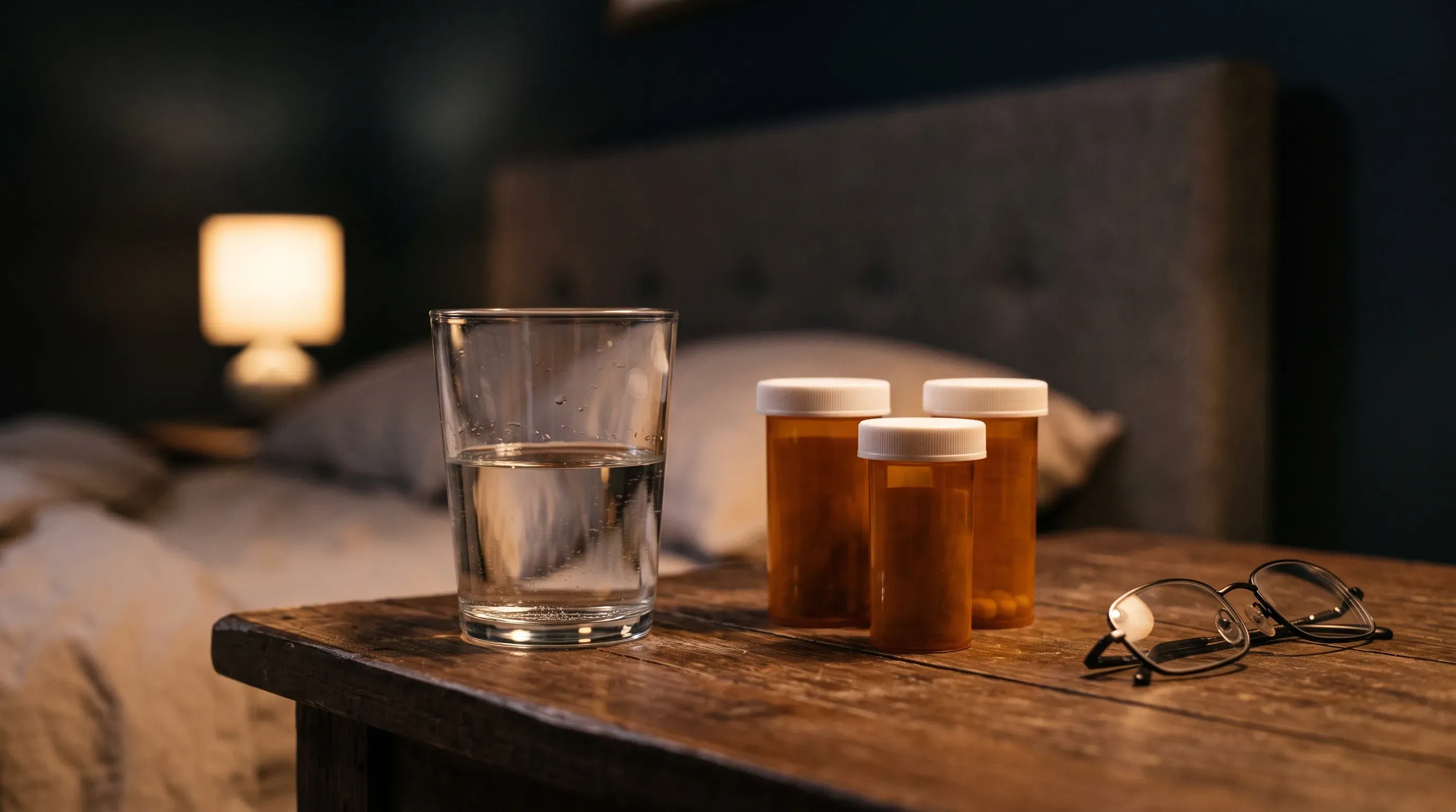 Glass of water beside a set of pill bottles on a bedside table, illustrating medication-related dry mouth