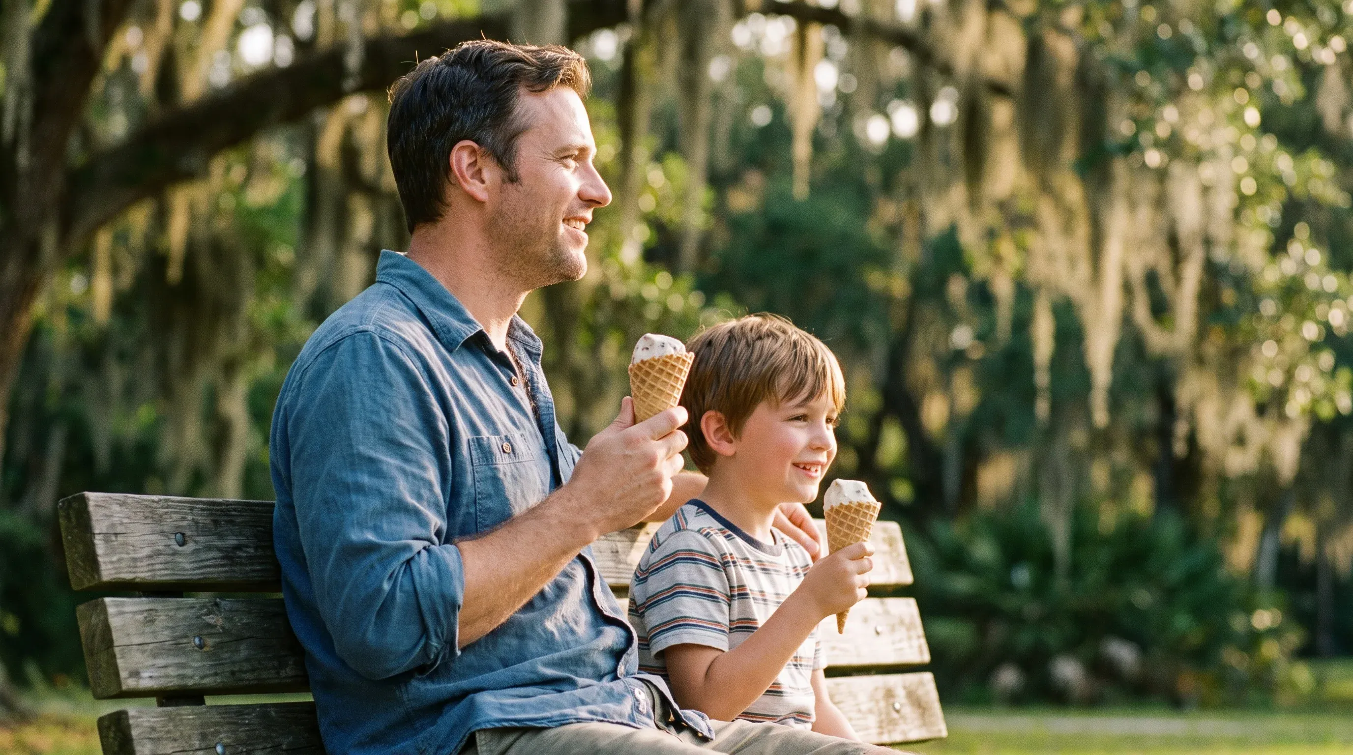 Father and son smiling over ice cream cones on a park bench near Minneola, FL.
