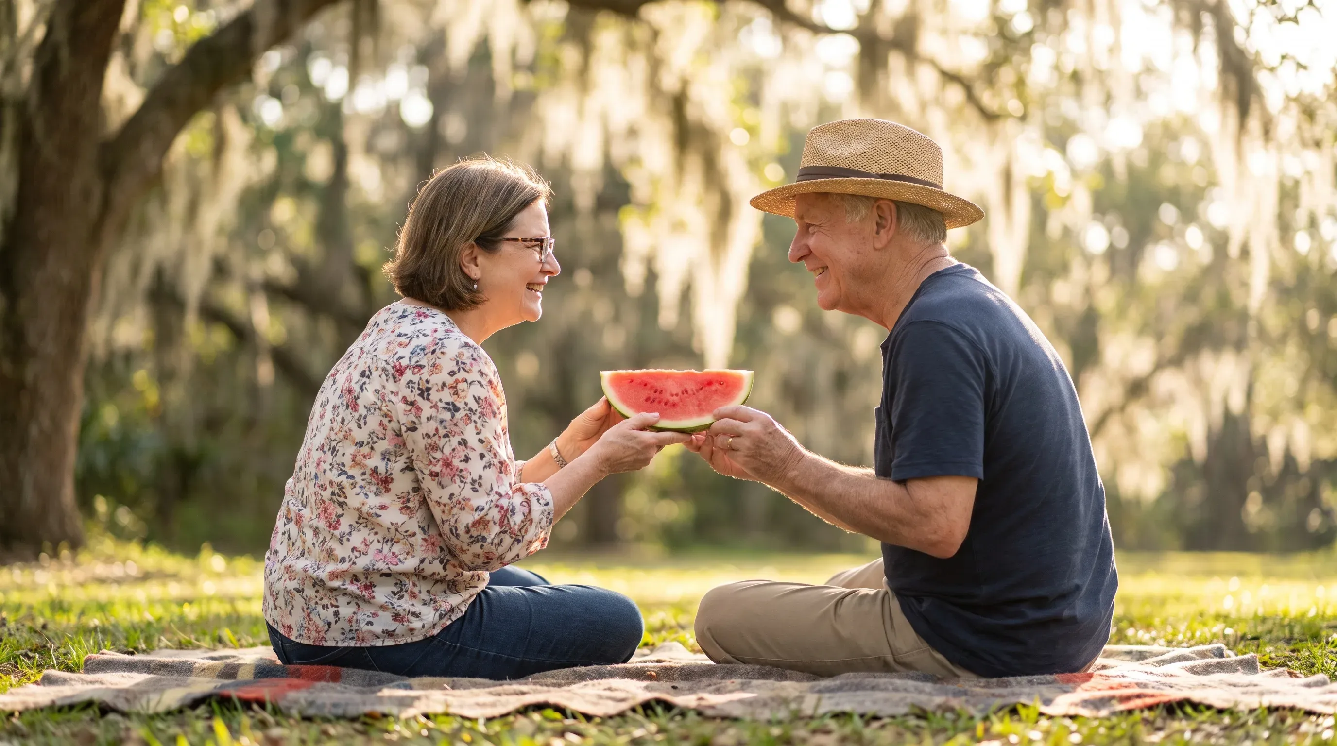 Casal de idosos dividindo uma fatia de melancia em uma toalha de piquenique em um parque perto de Minneola, FL.