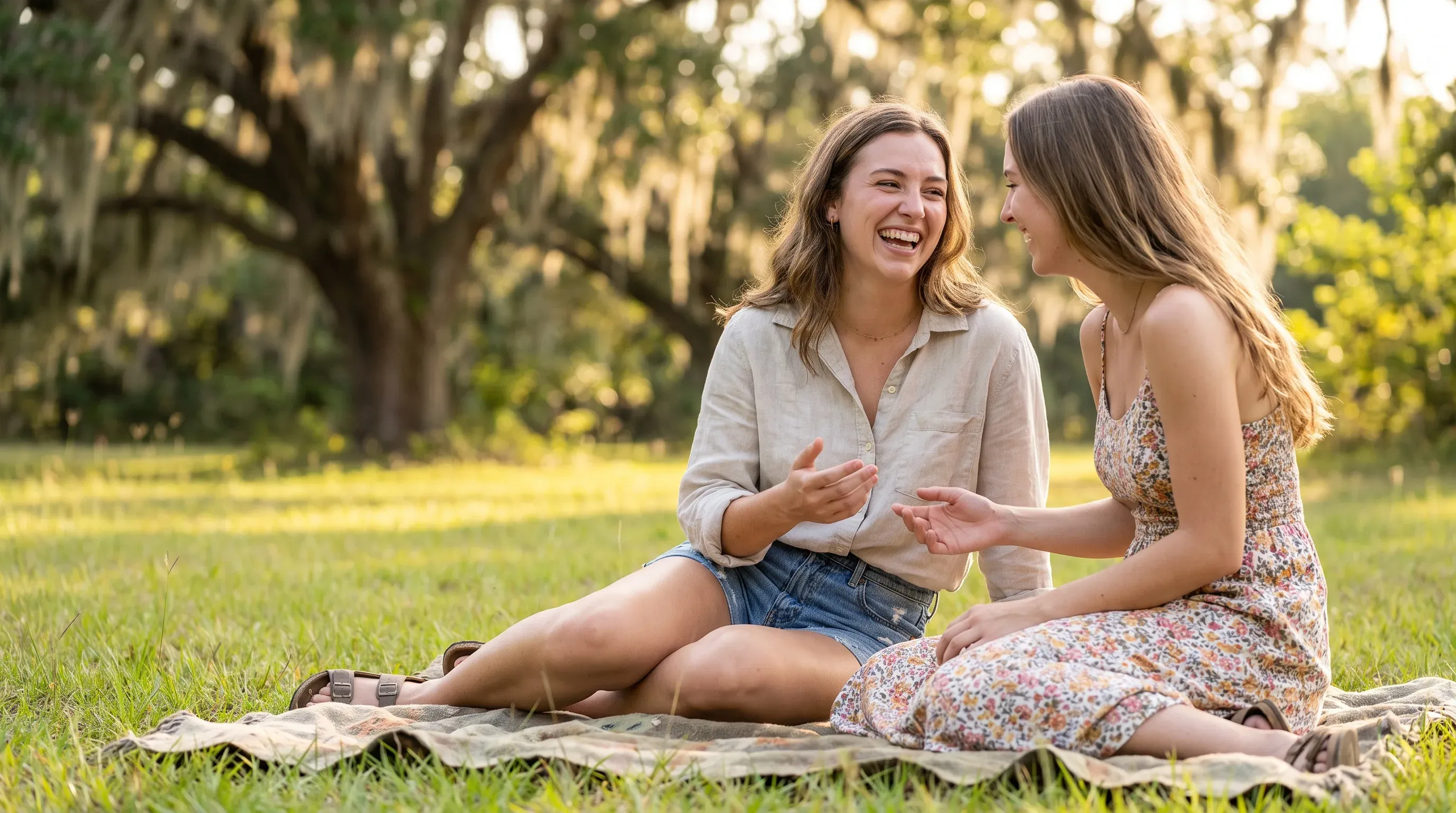 Duas irmãs rindo juntas sobre uma toalha em um parque perto de Minneola, FL.