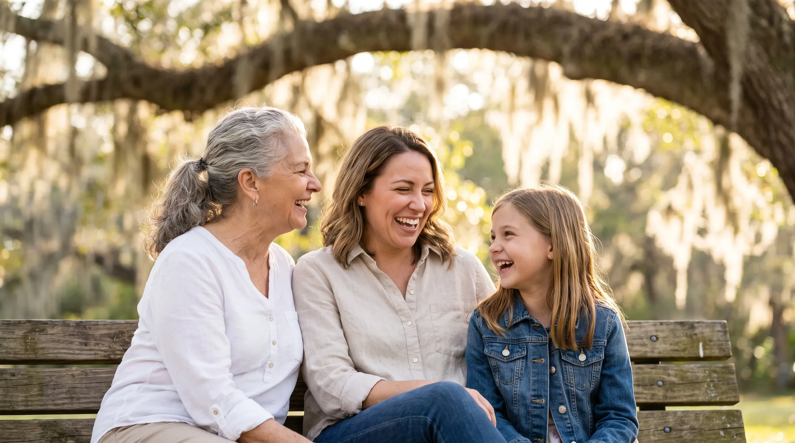 Grandmother, mother and daughter laughing together on a park bench near Minneola, FL.
