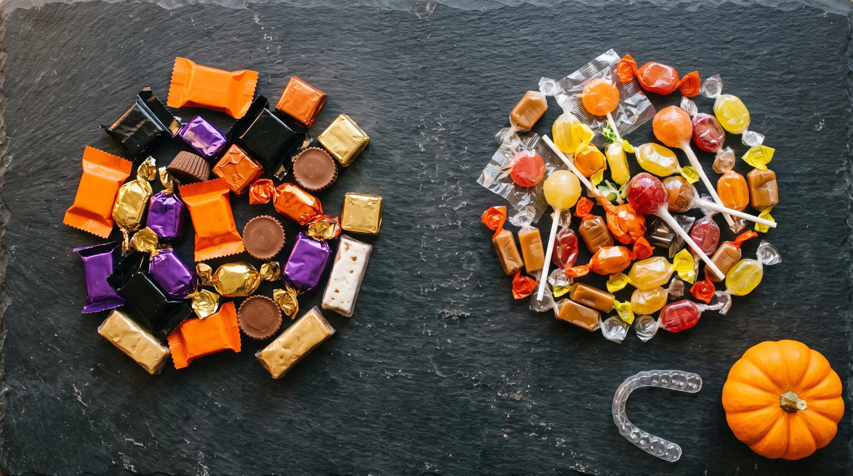 Halloween candy sorted into softer treats and hard sticky ones beside a clear aligner tray