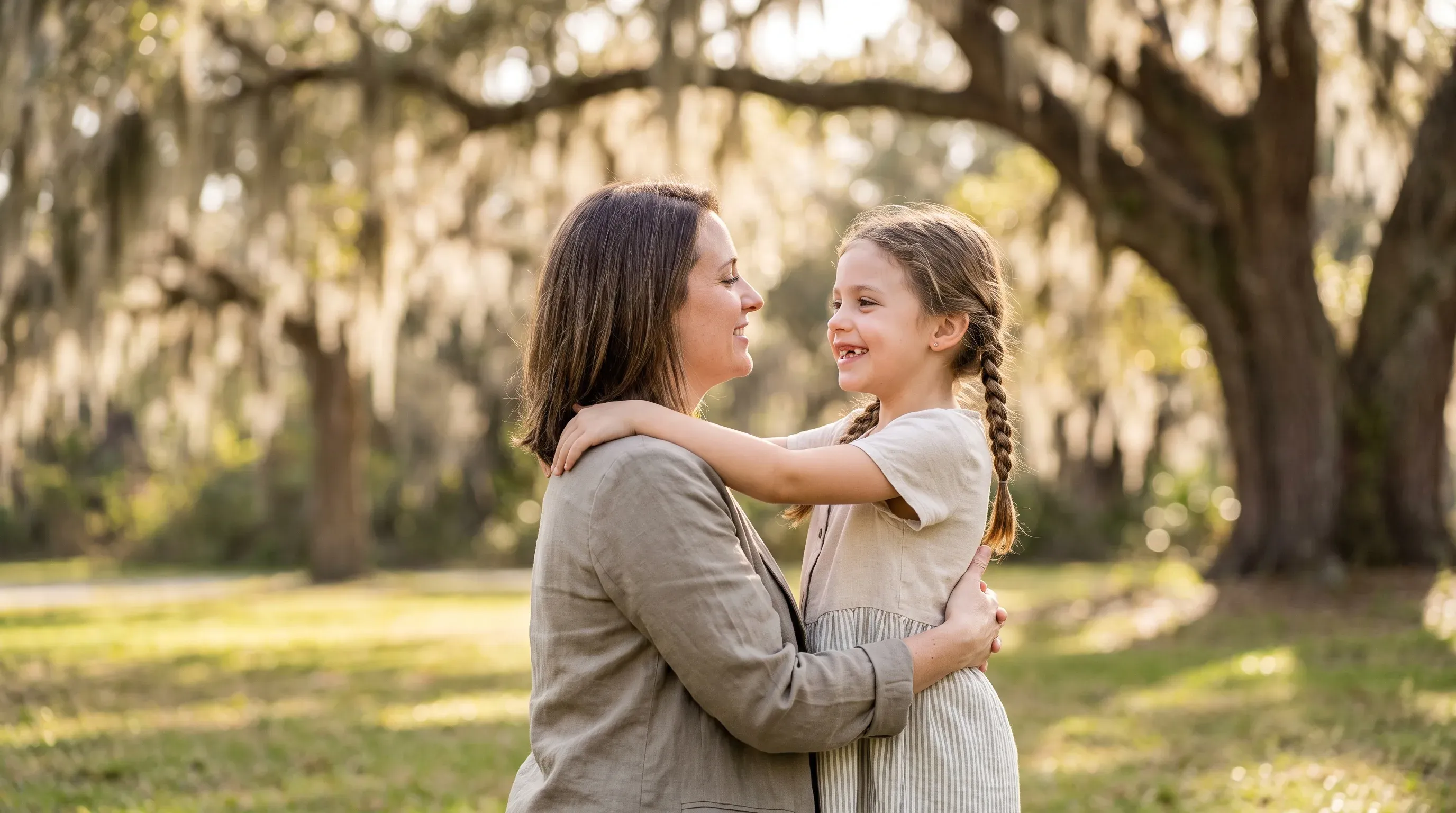 Mãe abraçando a filha pequena em um parque perto de Minneola, FL.