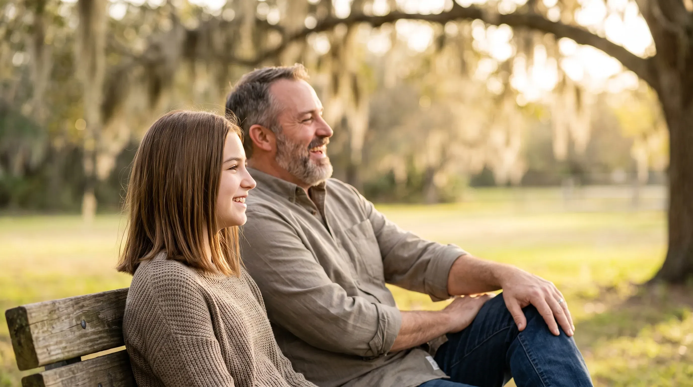 Teenager smiling next to her father on a park bench in Central Florida.