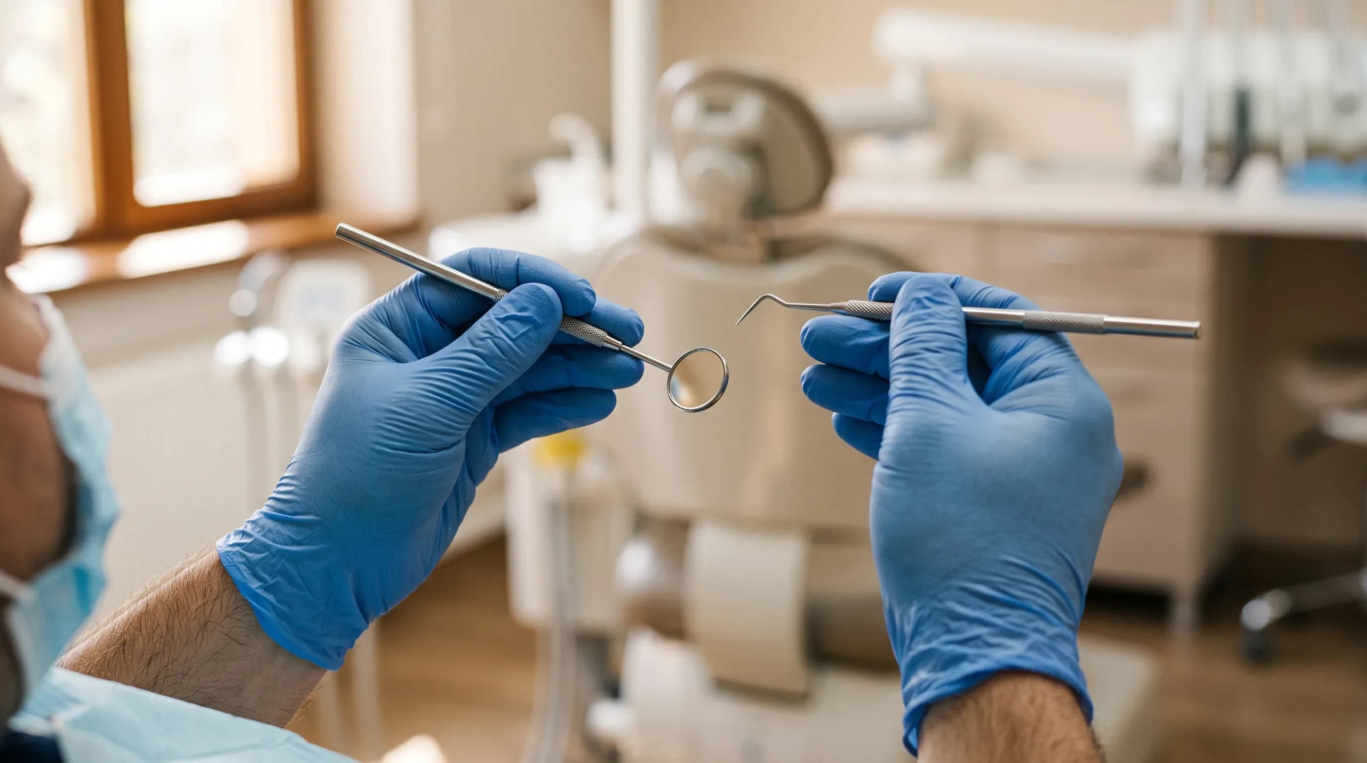 Dentist holding a dental mirror and probe during a routine oral examination