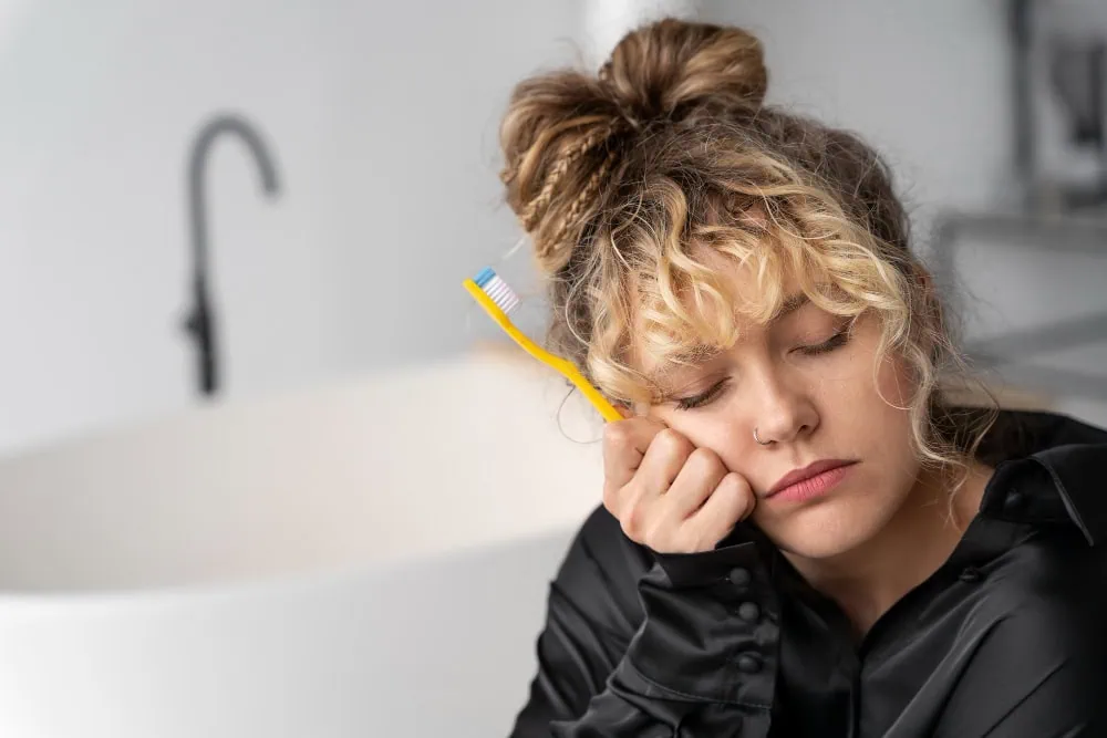Happy girl with toothbrush resting on her cheek, looking tired or upset.