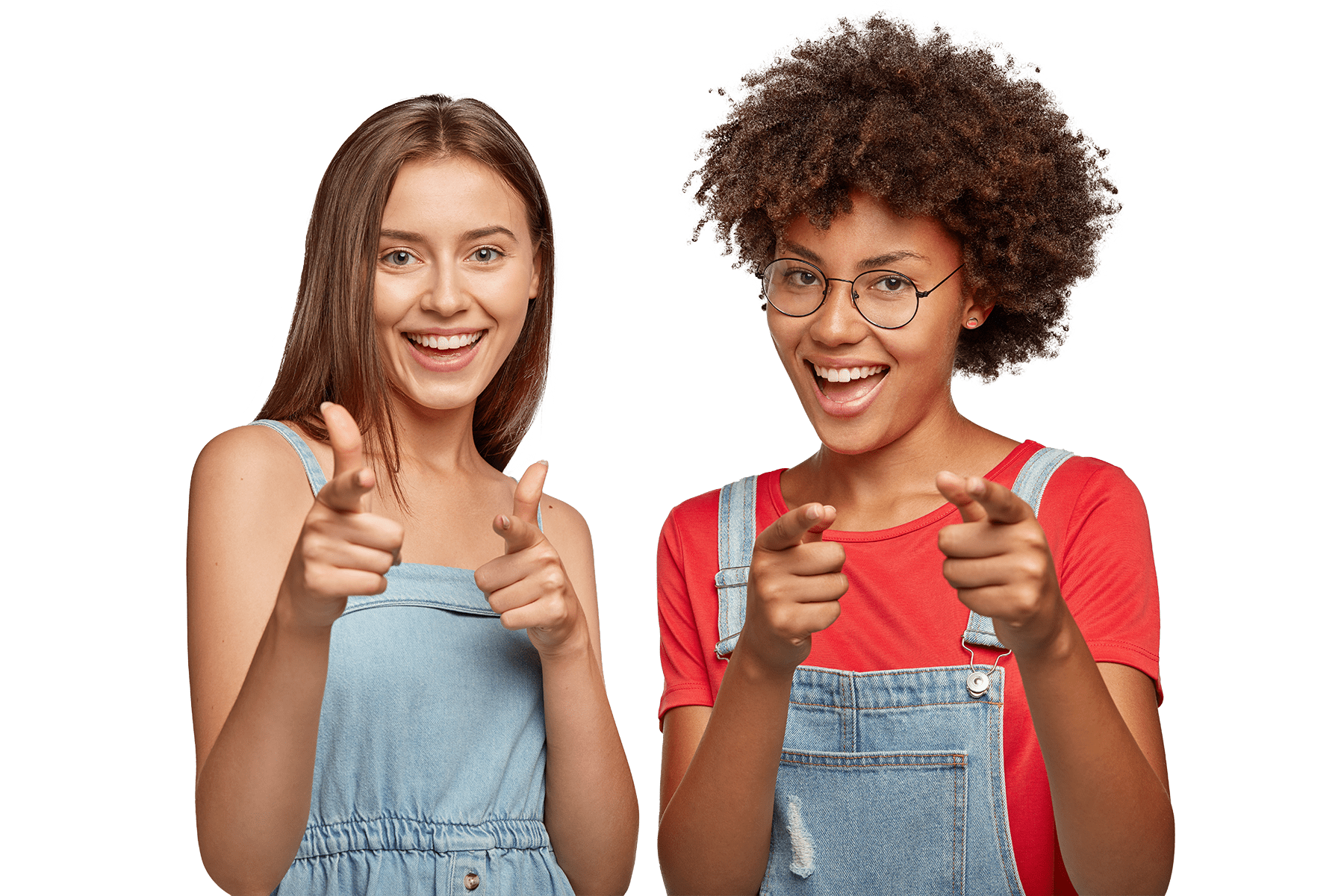 positive mutliethinic young women point with both index fingers opt